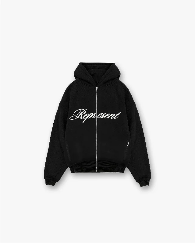 Script Logo Zip Hoodie - Black Cotton Hoodie Fleece Lining Warmth