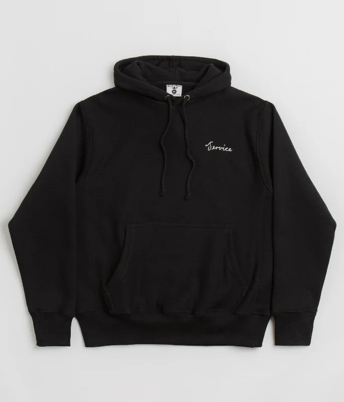 Service Works Script Logo Hoodie - Black Hoodie with Ribbed Neckline Snug Warm