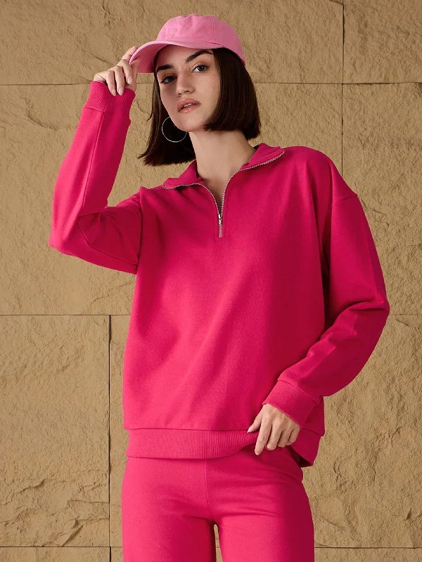 Women Fuchsia High-Neck Sweatshirt Hoodie Jacket Zipper Layering