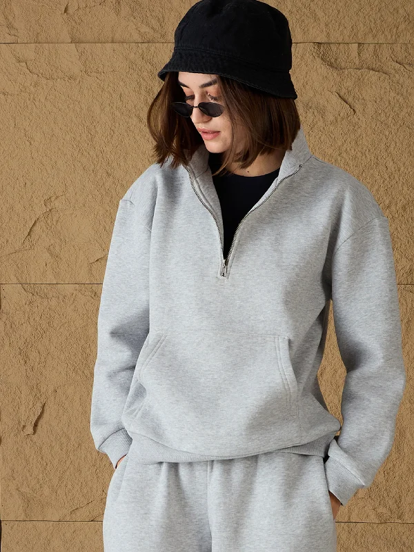 Women Grey Melange Fleece Front Zipper Sweatshirt Hooded Sweatshirt Casual Wear Street Style