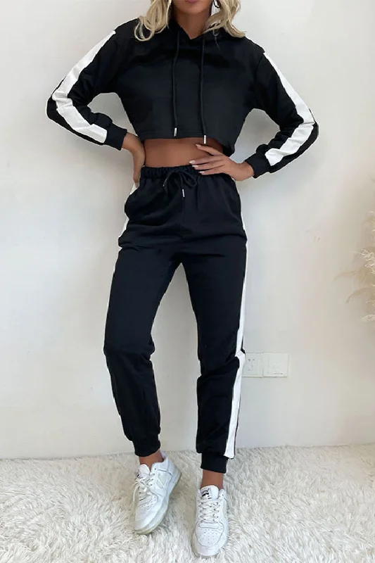 Side Stripe Cropped Hoodie and Jogger Set Hoodie with Bell Sleeves Flared Feminine