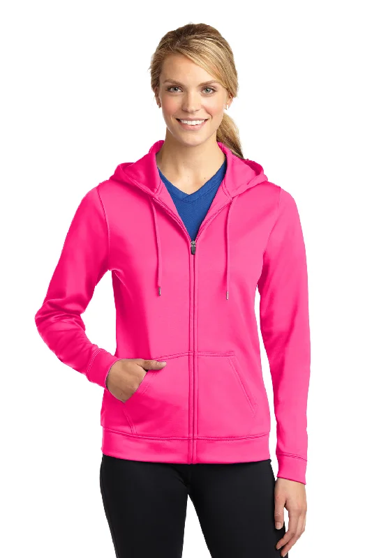 Sport-Tek Womens Sport-Wick Moisture Wicking Fleece Full Zip Hooded Sweatshirt Hoodie w/ Pockets - Neon Pink - Closeout Hoodie with Hem Applique Textured Unique