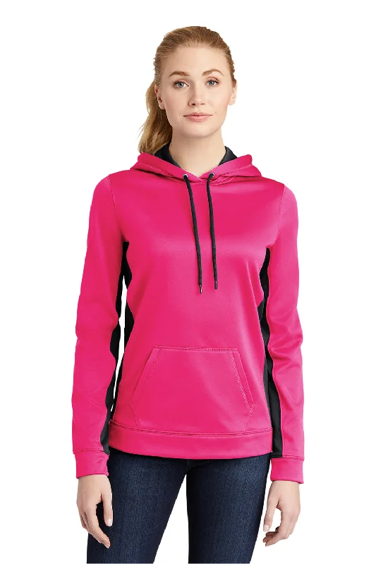 Sport-Tek Womens Sport-Wick Moisture Wicking Fleece Hooded Sweatshirt Hoodie w/ Pouch Pocket - Neon Pink/Black Hoodie with Embroidery Detailed Premium