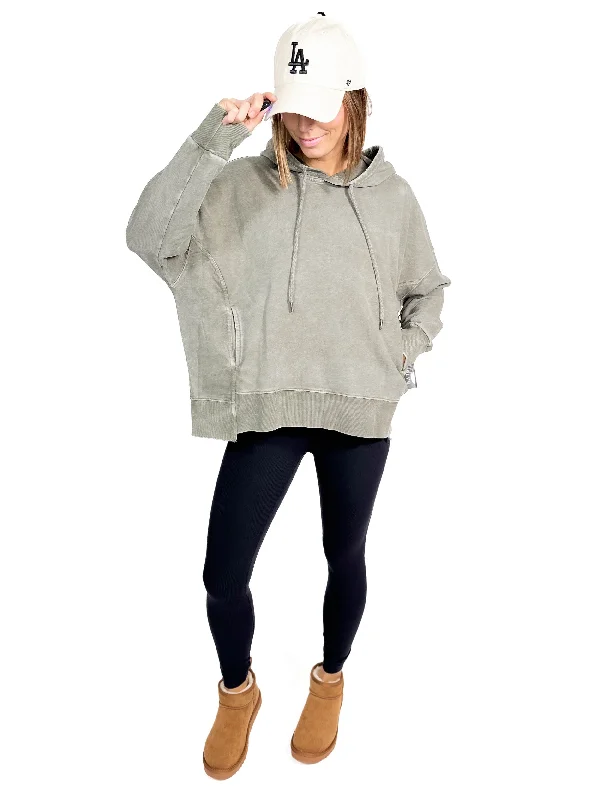 Thora Mineral Wash Oversized Pullover Hoodie- OLIVE Hoodie with Ribbed Hem Stretchable Secure