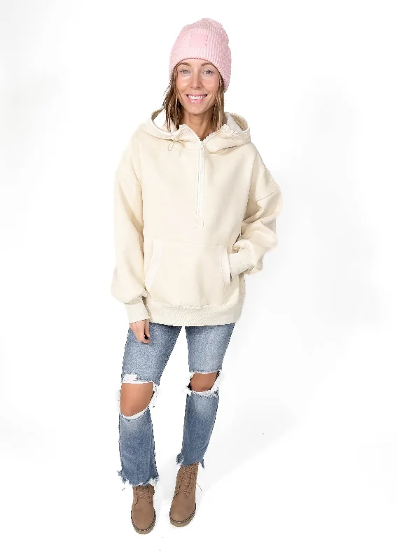 Torrin Fleece Oversized 1/2 Zip Hoodie- STONE BEIGE Hoodie with Batwing Sleeves Loose Dramatic