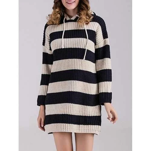 Striped Sweater Dress with Hoodie - Black One Size Hoodie with Belted Waist Structured Tailored