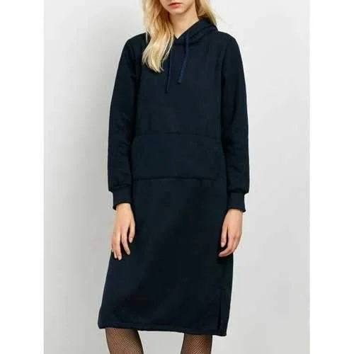 Long Sleeves Hoodie Dress with Pocket - Purplish Blue M Hoodie with Turtle Neck Cozy Winter