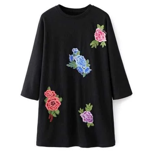 Crew Neck Floral Embroidered Sweatshirt Dress - Black M Hoodie with Sequins Glamorous Eye-catching