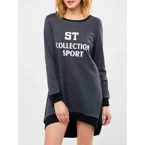 Sport Letter High Low Sweatshirt Dress - Gray M Hoodie with Zipper Placket Modern Functional