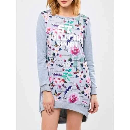 Letter Floral High Low Sweatshirt Dress - Gray L Hoodie with Mesh Breathable Sporty