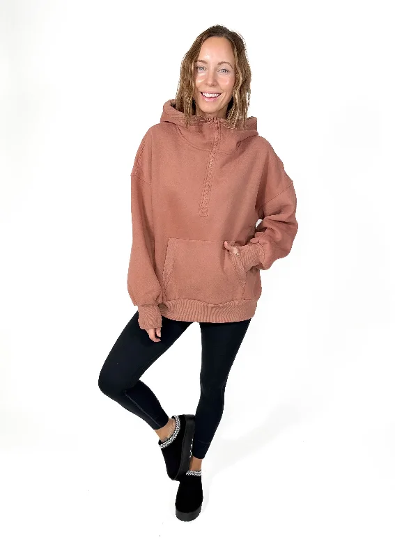 Torrin Fleece Oversized 1/2 Zip Hoodie- BRICK Hoodie with Hem Lace Feminine Delicate