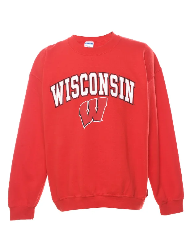 Wisconsin Badgers Football Red Sports Sweatshirt - L Hoodie with Hem Raw Edge Edgy Unfinished