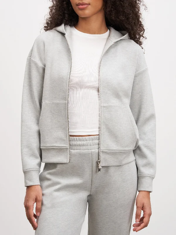 Womens Knitted Relaxed Zip Hoodie in Marl Grey Hoodie with Hem Patch Decorative Personalized