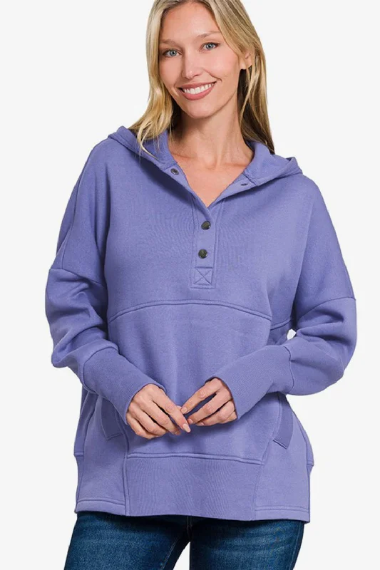 Zenana Half Snap Long Sleeve Hoodie with Kangaroo Pocket - Blue Purple Hoodie with Hem Patch Decorative Personalized