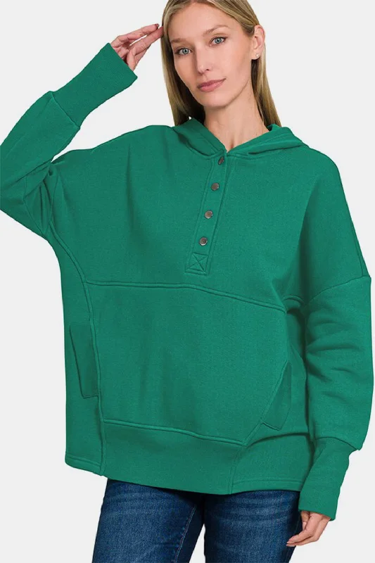 Zenana Half Snap Long Sleeve Hoodie with Kangaroo Pocket In Green Hoodie with Ribbed Cuffs Snug Fit Comfort