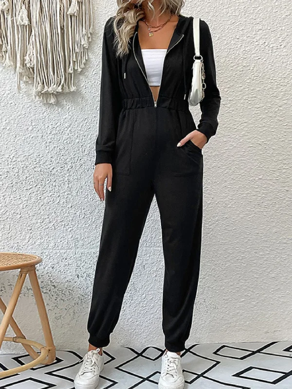 Zip Up Elastic Waist Hooded Jogger Jumpsuit Hoodie with Cuffed Sleeves Snug Secure