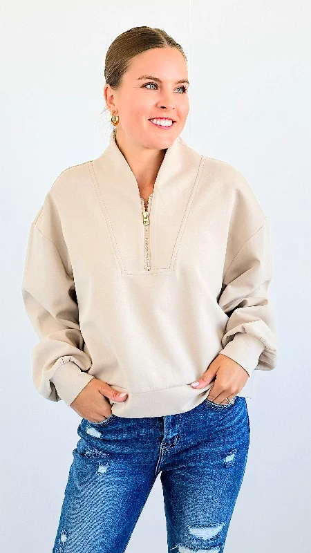 Zip-Up Scuba Long Sleeve Sweatshirt -Taupe Hoodie with Sequins Glamorous Eye-catching