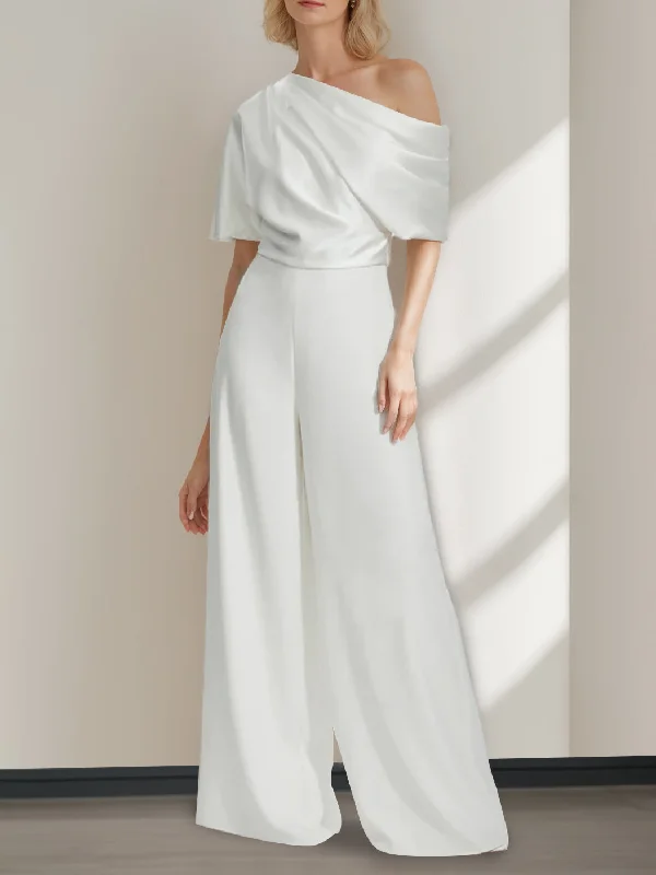 A-Line/Princess One-Shoulder Half Sleeves Floor Length Wedding Pantsuits With Ruffles Classic Stretch Pants