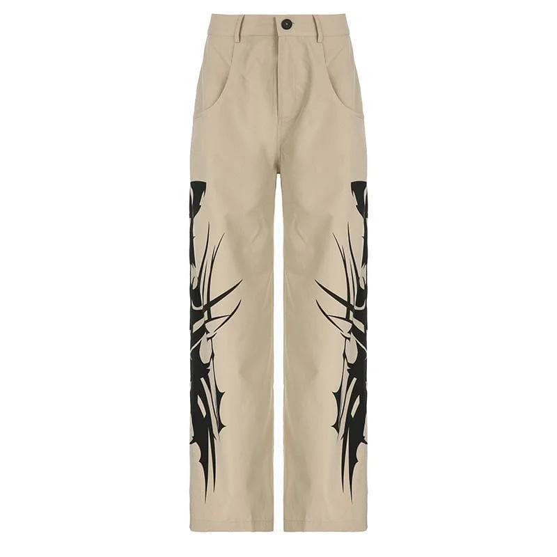 Abstract high rise button pocket contrast straight leg pant Trendy High-Waist Trousers