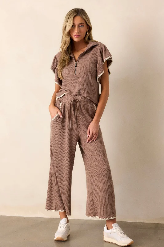 Anytime Now Mocha Blanket Stitch Wide Leg Pants Casual Drawstring Pants