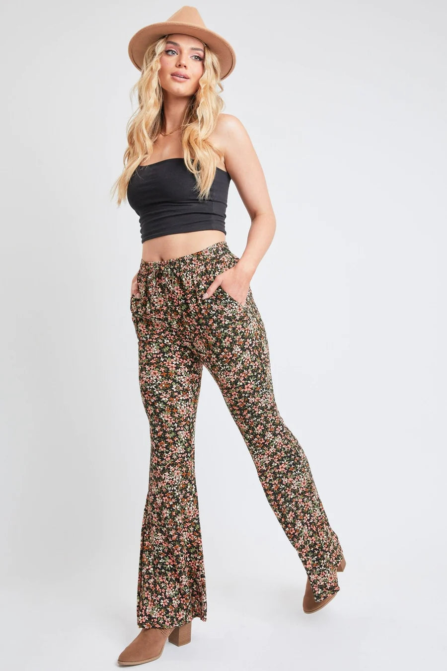 Black pink floral flare pants Elegant Trouser Pants