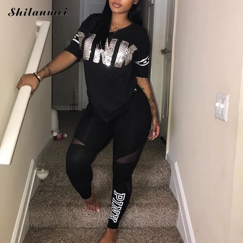 Casual 2 Piece Sets Women'S Pink Tracksuits Set Letter Print Plus Size Sweatsuit 3xl Top Ans Skinny Pants Two Piece Sportsuits Comfortable Denim Leggings