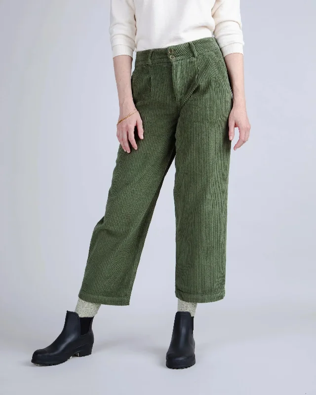 Corduroy Pleated Pants Stone Green Classic Bootcut Trousers