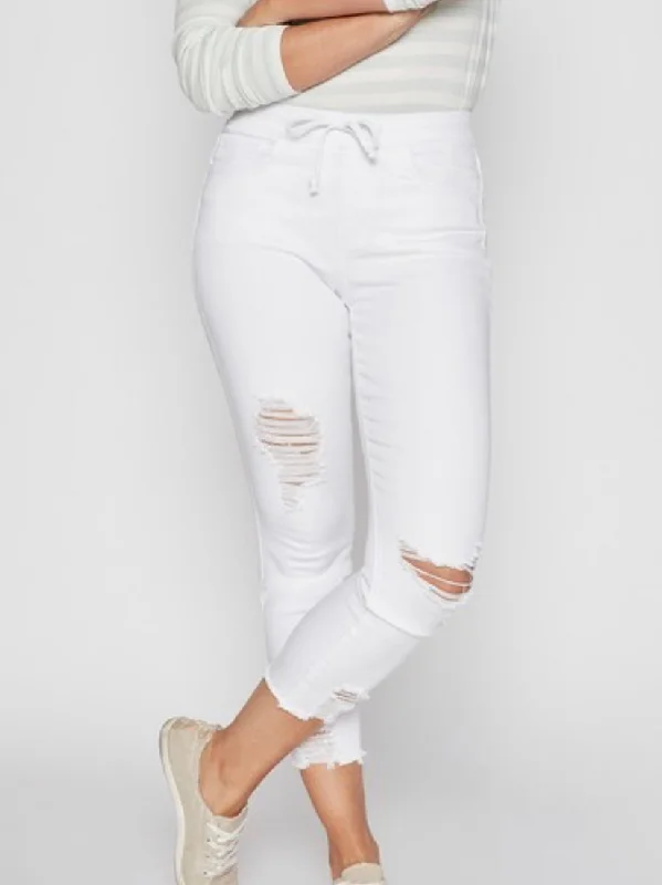 Distressed White Petite High Rise Pull On Pants Comfy Zip-Up Pants