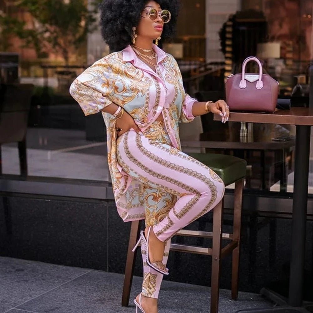 2PC African Pink Print Elastic Bazin Baggy Pants and Dashiki Suit Set Elegant Palazzo Trousers