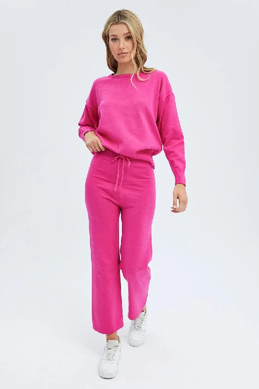 Pink Knit Lounge Pants Elegant Palazzo Trousers