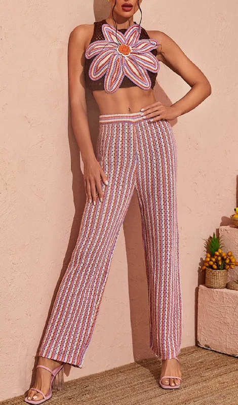 FLORAL HOLLOW KNITTED PANTS SET Fashionable Tapered Leg Pants