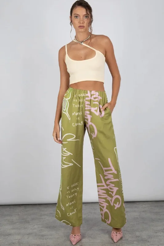 SUMMI SUMMI Womens Linen Pants - Graffiti Butterfly Khaki Relaxed High-Waist Trousers