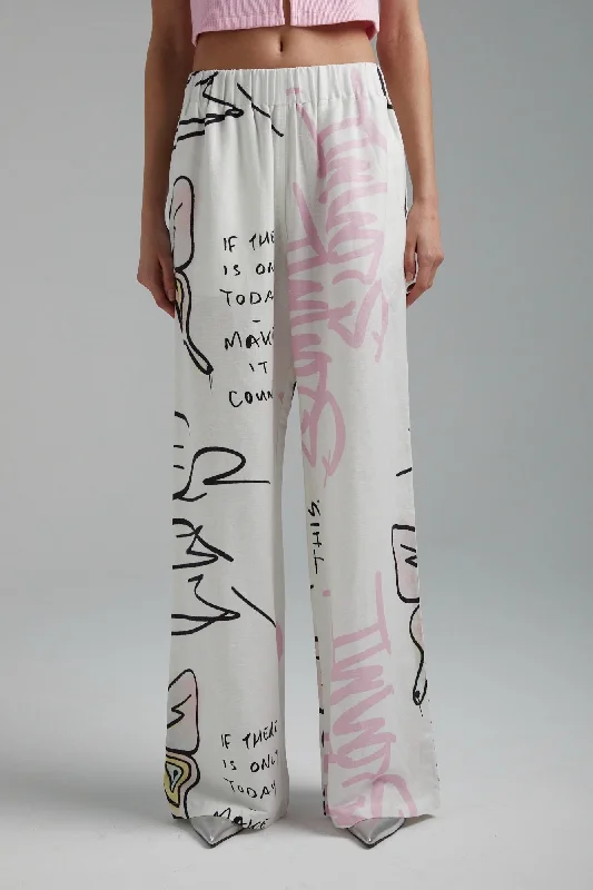 SUMMI SUMMI Womens Linen Pants - Graffiti Butterfly White Cozy Full-Length Pants