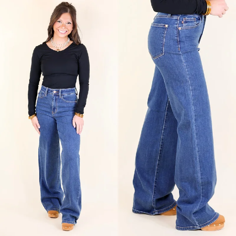 Judy Blue | High Society High Waisted Vintage Wide Leg Jean in Medium Wash Chic Dark-Wash Skinny Jeans