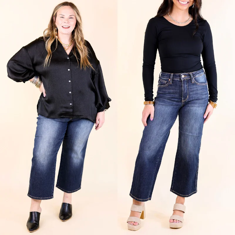 Judy Blue | Sleek Statement Tummy Control Cropped Wide Leg Jean in Dark Wash Stylish Stone-Wash Denim Jeans