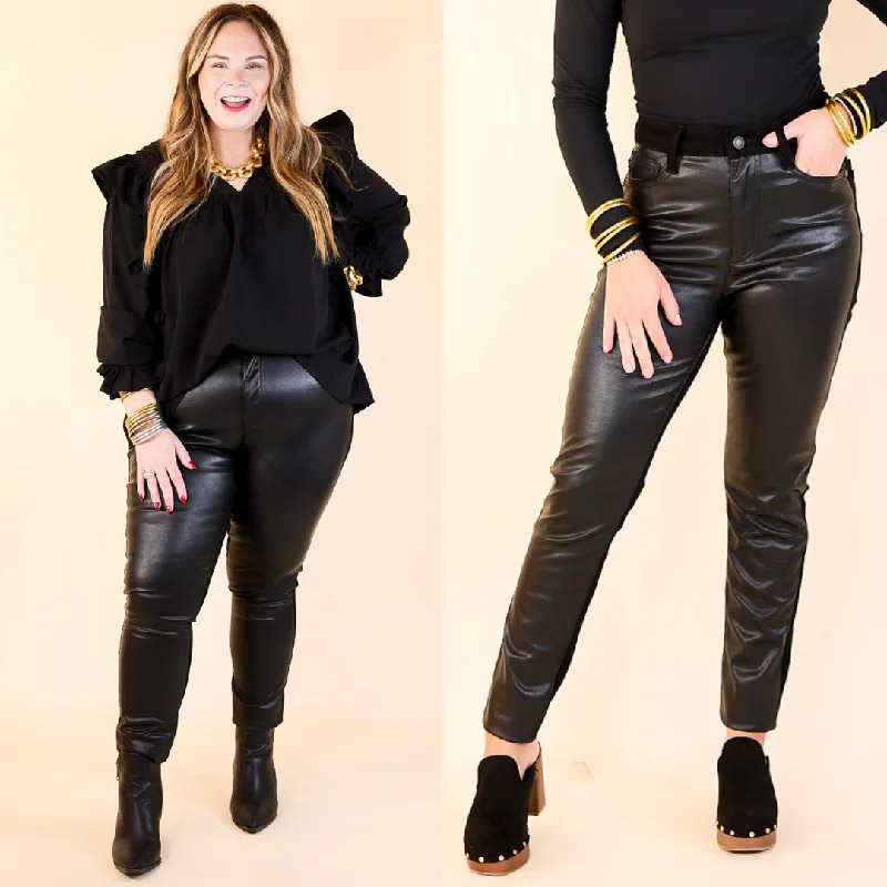 Judy Blue | The Best of Both High Waisted Faux Leather and Denim Skinny Jean in Black Trendy Acid Wash Skinny Jeans