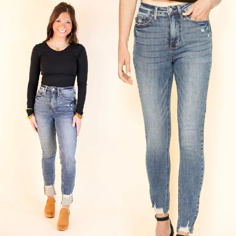 Judy Blue | Urban Essentials Tummy Control Skinny Jean with Destroy Hem in Vintage Medium Wash Trendy Plus Size Jeans