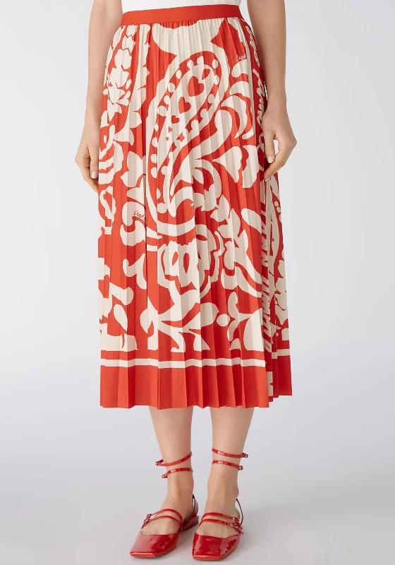 Oui Paisley Print Silk Touch Pleated Midi Skirt, Red & White relaxed fit skirt