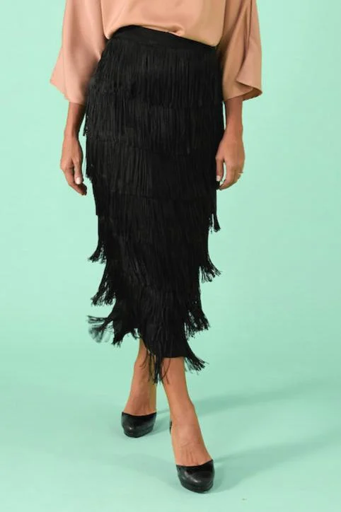 Ruela Fringe Skirt - Black pencil skirt chic