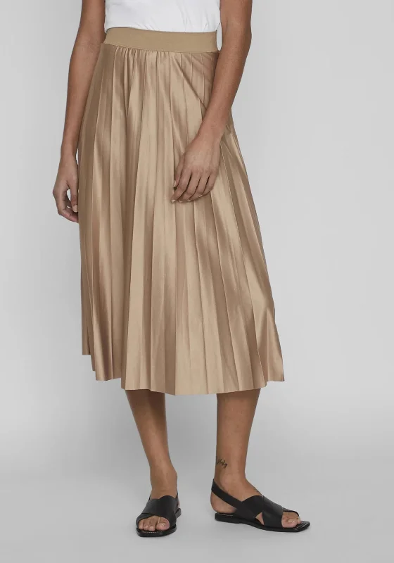 Vila Nitman Pleasted Midi Skirt, Sandshell zip skirt side