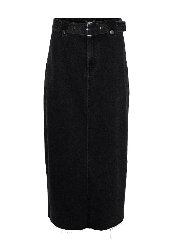 Vero Moda Aria Belted Denim Maxi Skirt, Black Denim wrap skirt elegant