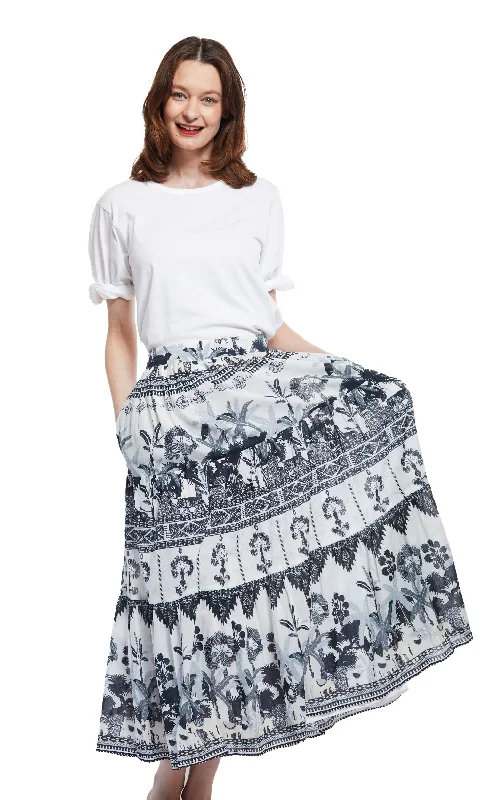 Woodstock Skirt with Grey Ikat Print asymmetrical skirt cut